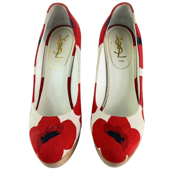 YVES SAINT LAURENT Red & Beige Fabric Poppy Print Platform Wedges 39.5 - 9.5US - Picture 1 of 10